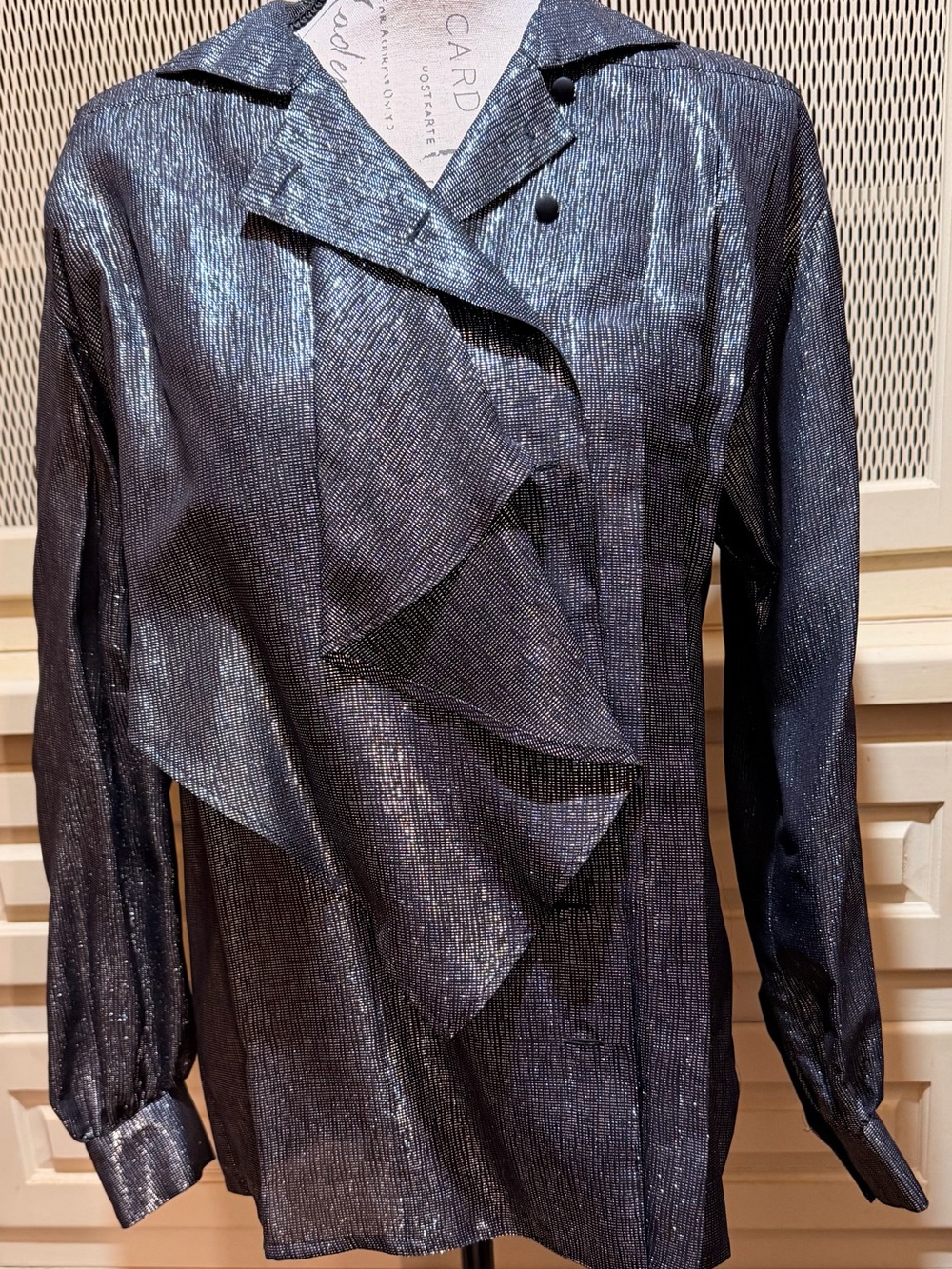 Vintage 80s Escada by Margaretha Ley Gunmetal Metallic Silk Ruffle Disco Blouse